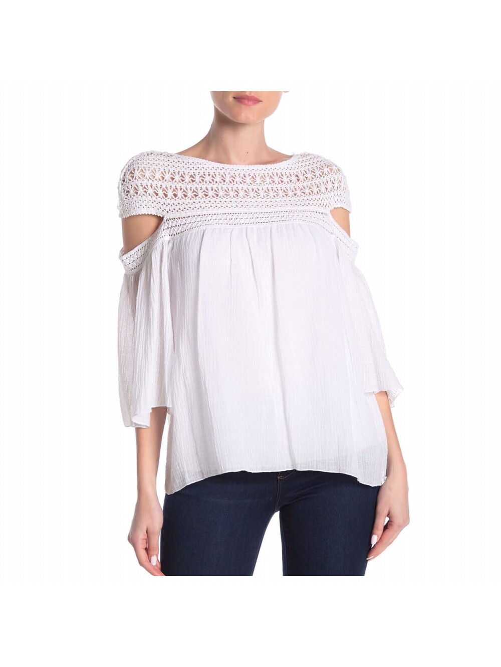 NEW Bailey44 White Armadillo Eyelet Lace Yoke Cold-Shoulder Top XS
